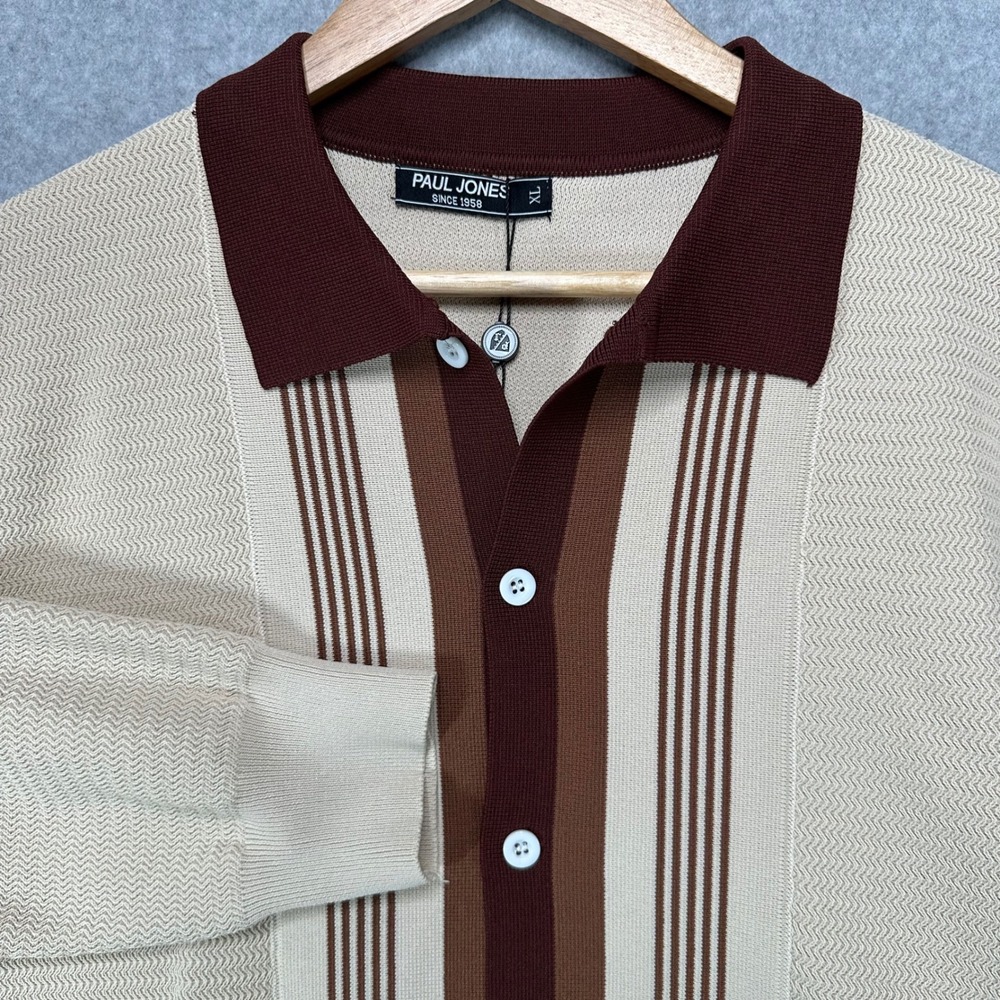 Paul Jones Mens XL Knit Polo Cardigan Retro Striped Long Sleeve Sweater Cream‎
